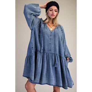 1009 EASEL Small Washed Denim Oversized Fit Tiered Dress